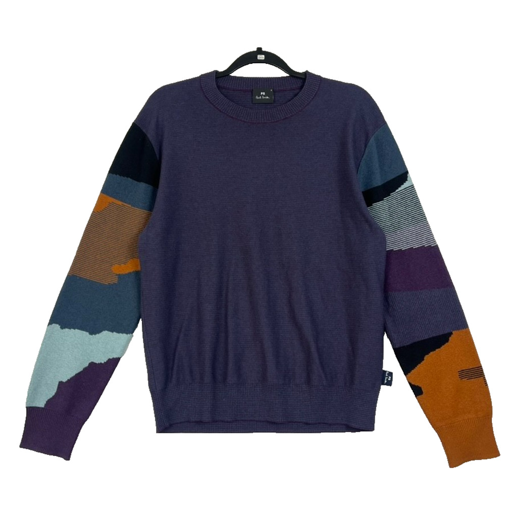 PS Paul Smith Crew Neck Sweater S Merino Wool Blend Blue Striped Camouflage Art